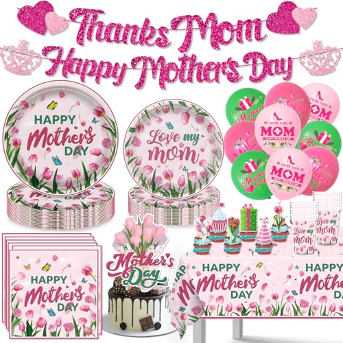 Mothers Day Decorations Happy Mother’s Tableware Sets Include Thanks Mom Happy Mothers Day Banners Plates Napkins Tablecloth Cake Topper Balloons for Birthday Mother's Day Party Supplies Serve 20