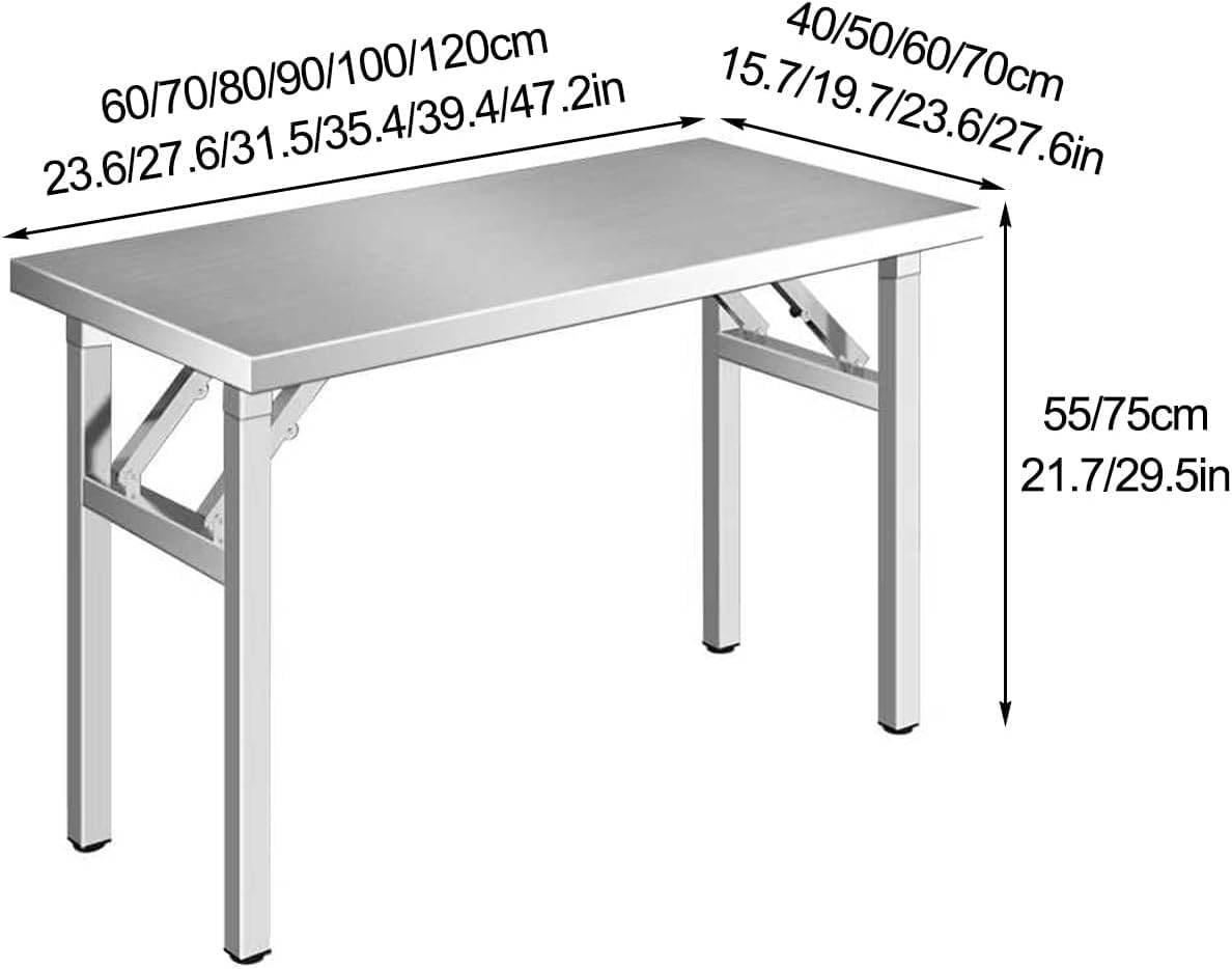 Mesa de trabajo plegable de acero inoxidable, mesa de preparación de cocina multifuncional para restaurante, garaje, almacén, escritorio duradero para exteriores, 120 x 70 x 75 cm / 47.2x27.6x29.5in