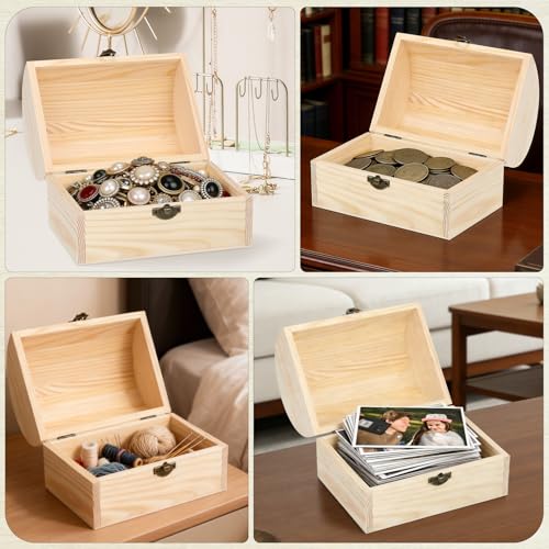Image of DOITOOL Wooden Box with Hinged Lid 6.3x4.5x4.7 Inch Unfinished Wood Treasure Chest for DIY Crafts & Gifts, Small Wooden Jewelry Storage Box, Plain Pinewood Keepsake Case for Home Party Wedding Decor