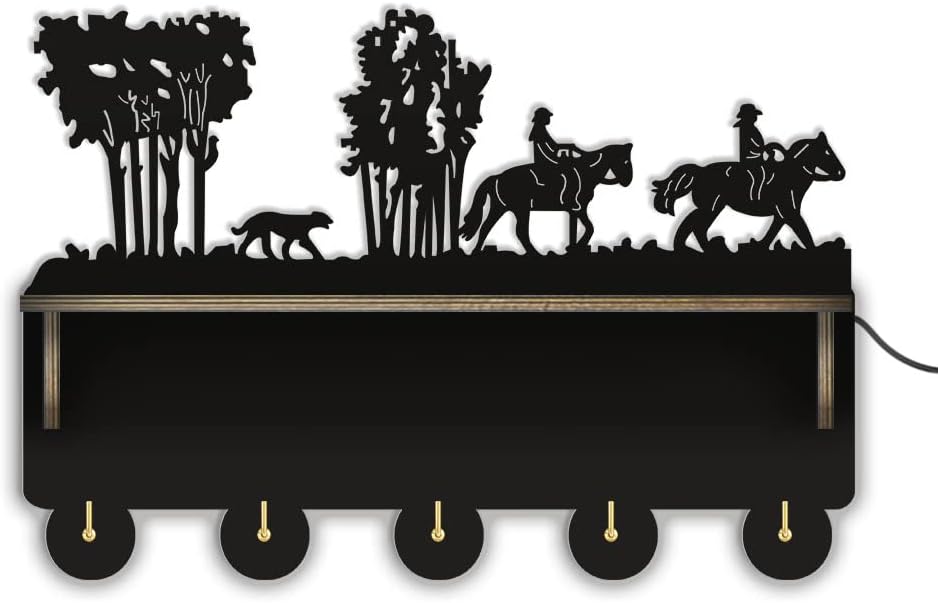 The Geeky Days Trail Ride Forest Trees Key Holder for Wall, Wooden Wall Mounted Hat Coat Rack with Mail Medal Organizer Shelf, 5 Metal Hooks Hanger, for Closet Door Hanging Rustic Decor