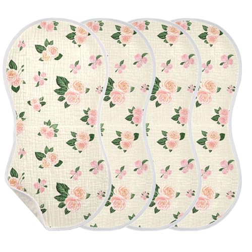 Cream Rose Floral Muslin Baby Burp Cloths - Super Absorbent and Soft Burping Rags - Cotton Burp Clothes Set for Boys and Girls, 4 Pack