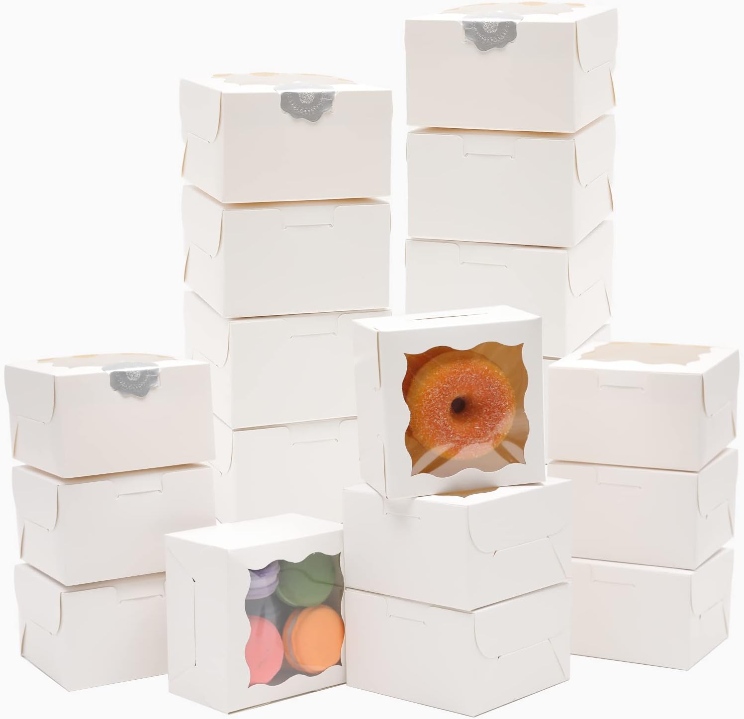 4x4x2.5" Bakery Box with Window 60pcs White Macaron Boxes Small Donut