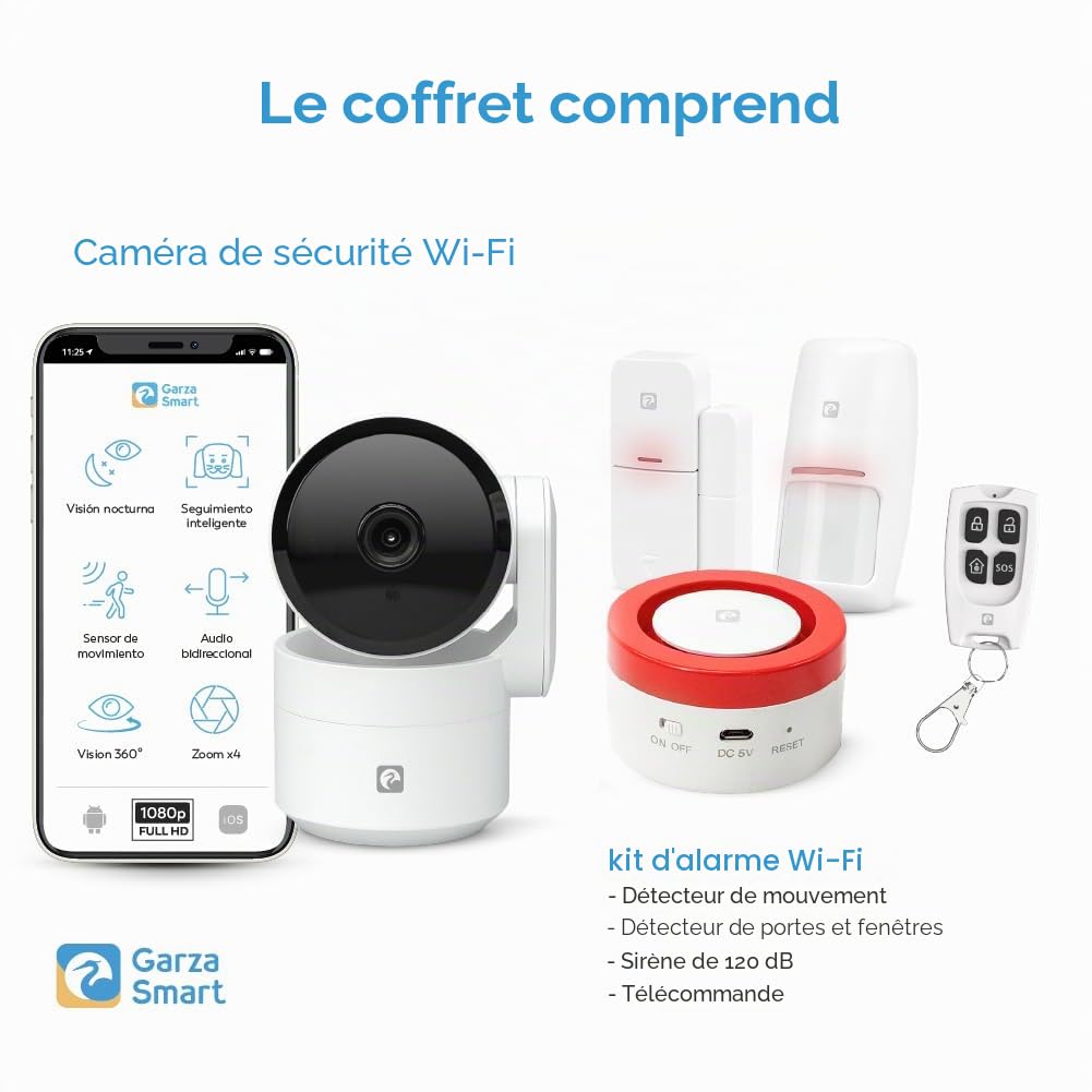 Garza - Kit Alarme Wi-FI 2,4 GHz avec caméra 1080p 360°, sirène 120 DB, capteurs de Mouvement et Ouverture Porte/fenêtre, contrôle Via app et Vocal
