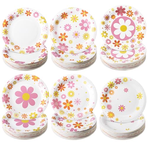 Image of Funnymoom 60 Pcs 7 Inch Groovy Daisy Birthday Paper Plates Retro Hippie Boho Disposable Dessert Plates Flower Party Supplies for Birthday Bridal Baby Shower Wedding Tea Party Decoration
