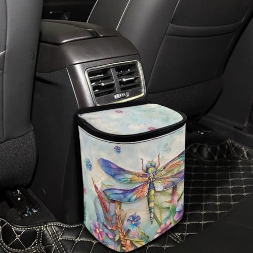 Image of Talayituse Dragonfly Daisy Print Car Trash Can with Adjustable Straps, Foldable Car Trash Bag Bin Car Garbage Bag Multipurpose Storage Box for Vehicle Travel Camping Picnicing