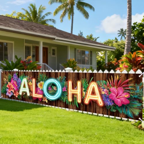 Image of Nuxovilar Aloha Banner Hawaiian Party Decorations 78.7x17.7 Inches | Luau Party Decorations, Tropical Sign, Island Photo Background, Porch Wall Decoration, Yard Lawn Home (Aloha Flower)