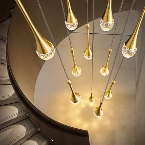 Raindrop Crystal Chandelier High Ceiling: 12 Lights Remote Dimmable LED - Large Long Modern Bubble Hanging Pendant Light Fixture Teardrop Spiral Chandeliers for Living Room Staircase Entryway Foyer by FLIOPIO - Image 5