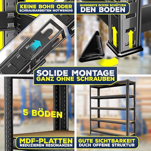 MASKO® Schwerlastregal Lagerregal Kellerregal 180x160x60cm, 1500kg belastbar, 5 verstellbare Ablagen, MDF-Platten Regal aus Metall, Steckregal, Werkstattregal Stahlgestell Garage Werkbank Schwarz