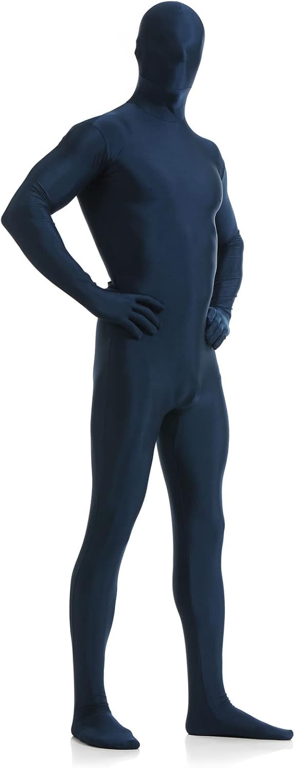 Men's Blue Full Body Unitard with Mask Long Sleeve Zipper Back Jumpsuit One Piece Bodysuit Second Skin Dancewear, Dark-Blue, M/155-165cm