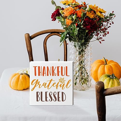 Image of Thanksgiving Table Wooden Box Sign, Thankful Grateful Blessed, Autumn Table Decor, Fall Tabletop Decorations for Home Office Harvest Thanksgiving Desk Decor