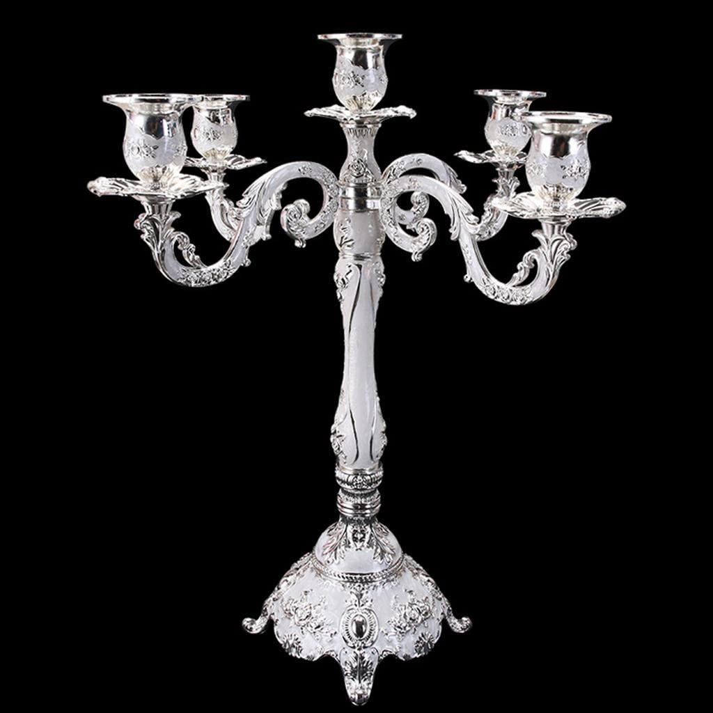 Candeliere a Colonna in Metallo, Elegante Regalo di Nozze, Raffinata Decorazione da Tavola in Stile Europeo, Portacandele a 3/5 Teste, Regalo per L, 5 Braccia Argento