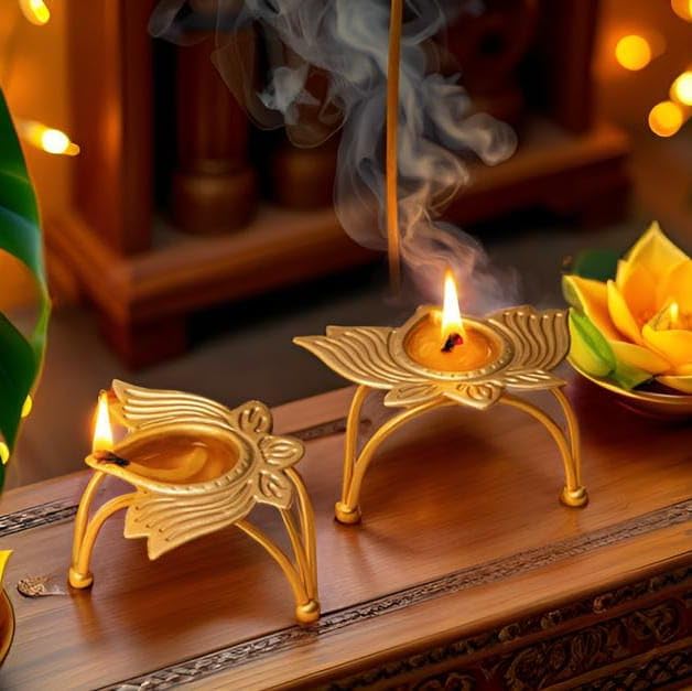 StylizShades Golden Metal Diya for Puja Decoration – Lotus Shape Deepak for Diwali, Home Temple, Festive Lighting – Traditional Brass Finish Oil Lamp, Set of 2-image-21