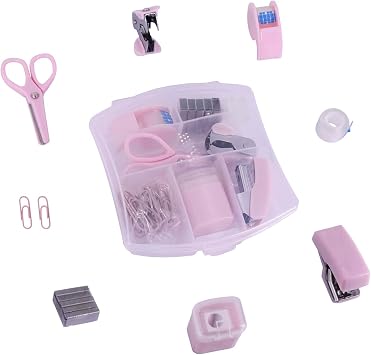 Mini Office Supply Kits Mini School Supplies Includes Mini Stapler,Scissors, Staple Remover, Staples, Tape Dispenser Pink