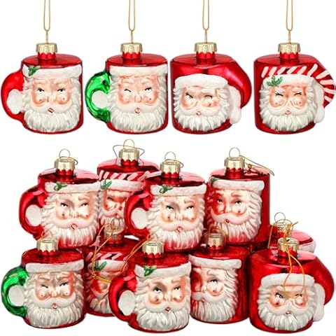 Kritkin 12 Pcs Christmas Santa Mug Ornaments for Christmas Tree Santa's Hot Cocoa Mug Ornament 2.75 Inches Length Santa Collection Glass Ornament for Xmas Party Decorations Cover