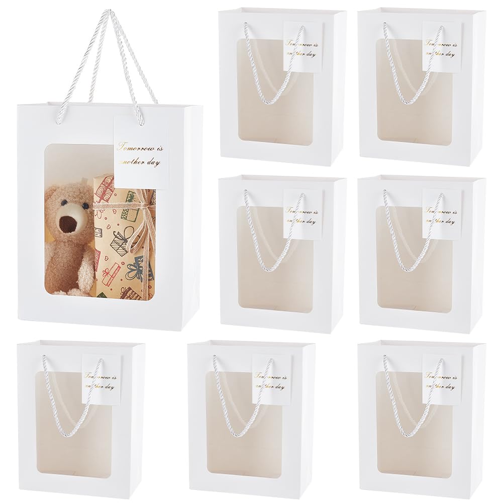 BENECREAT 30 pz Sacchetti Regalo Bianchi Trasparenti con Finestra, Sacchetti Regalo In Carta con Finestra Visibile, Sacchetti di Carta Regalo per Caramelle con Manico con Coulisse,18x14x25cm