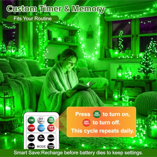 Image of 6 Pack Rechargeable Fairy Lights with Remote & DIY Timer, 7ft 20LED Dimmable Silver Wire String Light for Mason Jar, Mini Twinkle Lights for Indoor Christmas Bedroom Wedding Decor, Green