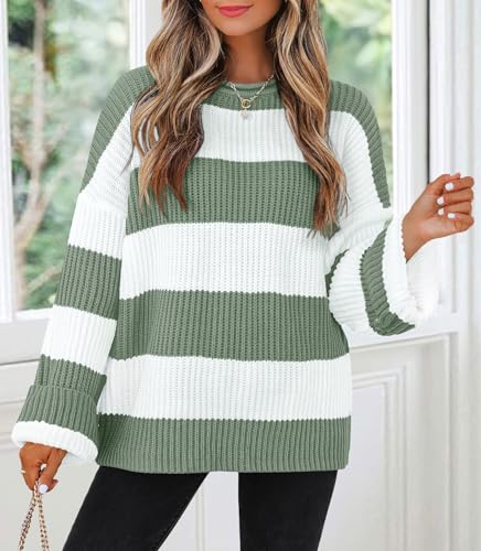 ZESICA Women's Fall Long Sleeve Crew Neck Striped Color Block Comfy Loose Oversized Knitted Pullover Sweater - Image 3