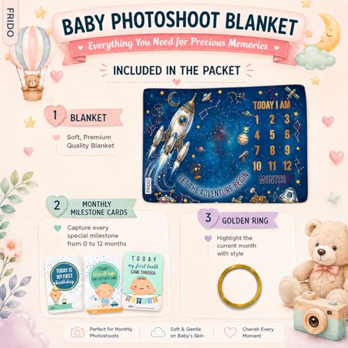 Image of Baby Monthly Milestone Photoshoot Blanket with Milestone Cards, Cotton, 115x95 cm, Animal Theme, 1-12 Months (Space)