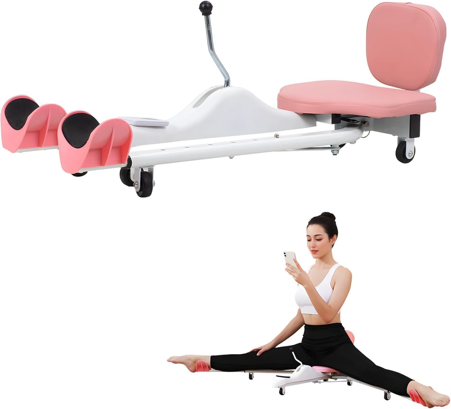 Split Machine Trainer, Adjustable 0-180° Leg Stretcher for Flexibility, Yoga, Ballet & Gymnastics, Home Stretching Equipment with Stainless Steel Frame​ (Pink, with backrest)