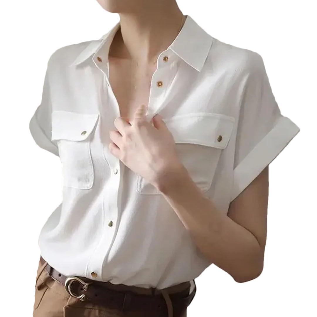 Chemisier d'été en mousseline de soie blanche à manches courtes pour femme