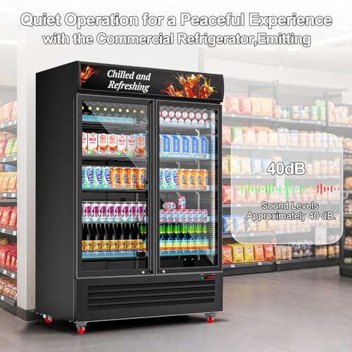 Image of Tylza Commercial Refrigerator, Double Glass Door Display Beverage Fridge, 26.49 Cu Ft Upright Beverage Cooler Merchandiser with Replaceable Advertising Light Board, Rebound Door, Fast Cooling, Black