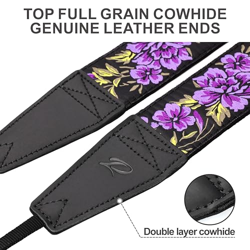 Image of Padwa Lifestyle Purple Rose Camera Strap - 2 inch Full Grain Leather Ends Camera Straps for Photographers, Vintage Embroidered Cotton Soft Suede Fabric Padded Strap Quick Release fits All Cameras