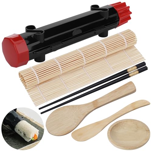 Kssvzz 6 Pcs Sushi Making Kit Multifunctional Sushi Maker with Sushi Rolling Mat Sushi Bazooka Chopsticks Paddle Spreader Sauce Dish Make Your Own Sushi at Home Portable Sushi Kit for Picnic