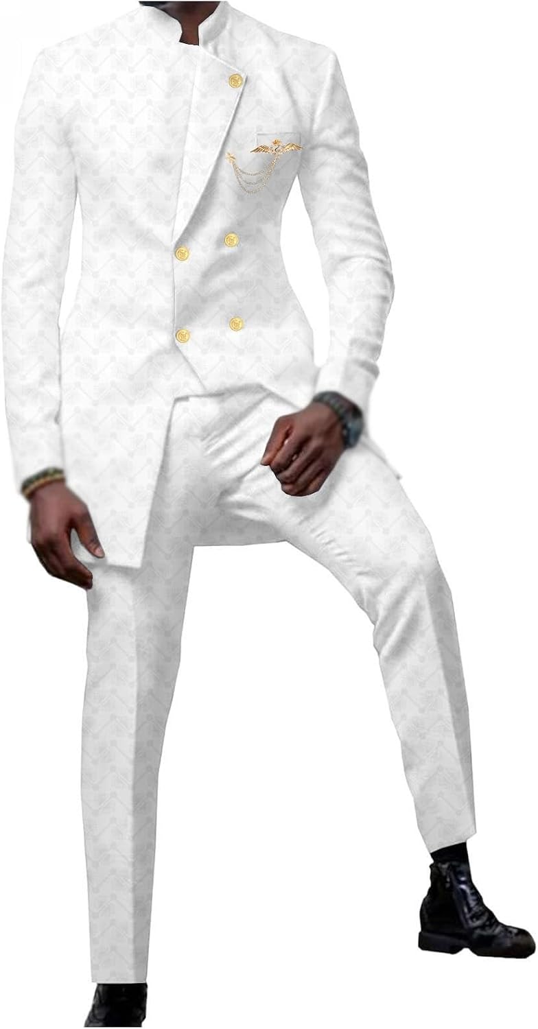 Ourmoon Mens African Outfit 2 Piece Set Dashiki Shirt and Pants Formal Traditional Clothing for Wedding Evening Tribal Suit