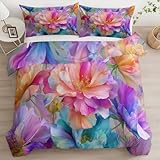 Bettbezug Modern Cartoon Floral Kunst Bettwäsche-Set Mikrofaser weich atmungsaktiv, 240 x 220 cm für Allergikerfreundlich Kinder Jungen Mädchen, Schlafzimmerdekoration mit Reißverschluss Hellviolett