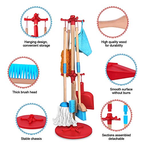 Aokesi Wooden Detachable Kids Cleaning Toy Set - Broom, Mop, Duster, Dustpan, Brush, Rag And Hanging Stand Play, Multicolor Housekeeping Kit, Stem Really Clean Toys Gift For Girls & Boys #TOP5