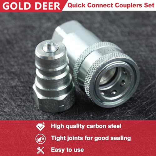 Image of 3 /8' NPT Thread Carbon Steel Hydraulic Quick Connect Couplers with Dust Caps, ISO 7241-A Compatible, Red, 3 Pack