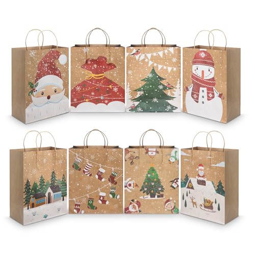 CHARMGIFTBOX 24 Stück Geschenktüten aus Kraftpapier für Weihnachten, 23 x 18 x 10 cm Party Tüten für Geschenke, Papiertüten mit Griff für Weihnachtsfeier Gastgeschenke Austausch