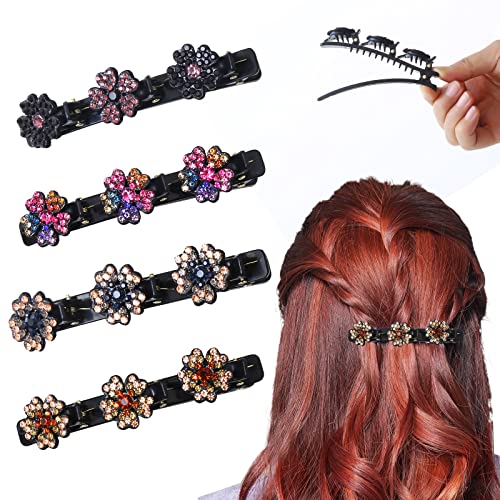 Paquete de 4 pinzas trenzadas con piedra de cristal brillante, pinzas de pelo brillantes de doble capa con 3 clips pequeños, bonitos y elegantes accesorios para el cabello de niñas para viajes