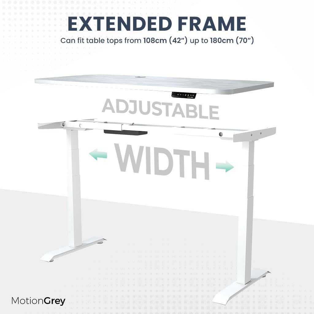 MotionGrey - German Electric Dual Motor Height Adjustable Standing Desk, Ergonomic Stand Up Desk, Adjustable Sit Stand Desk Stand - (Tabletop Included) (White Frame - White Top)