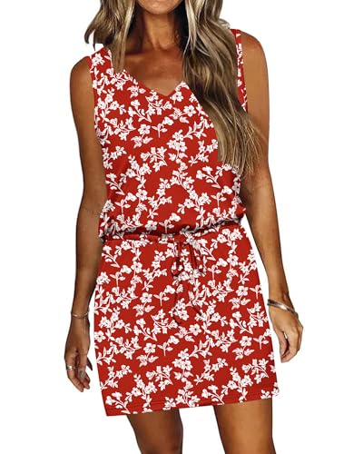 Image of AUSELILY Womens Summer Sleeveless V-Neck Drawstring Waist Beach Cover up Mini Short Swing Dresses with Pockets