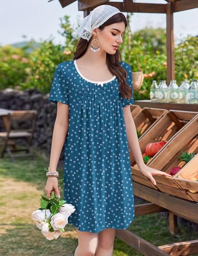 Image of Ekouaer Nightgowns for Women Pleated Sleep Shirts Short Sleeve Night Shirts Lace Trim Night Gown Ladies Sleep Dress