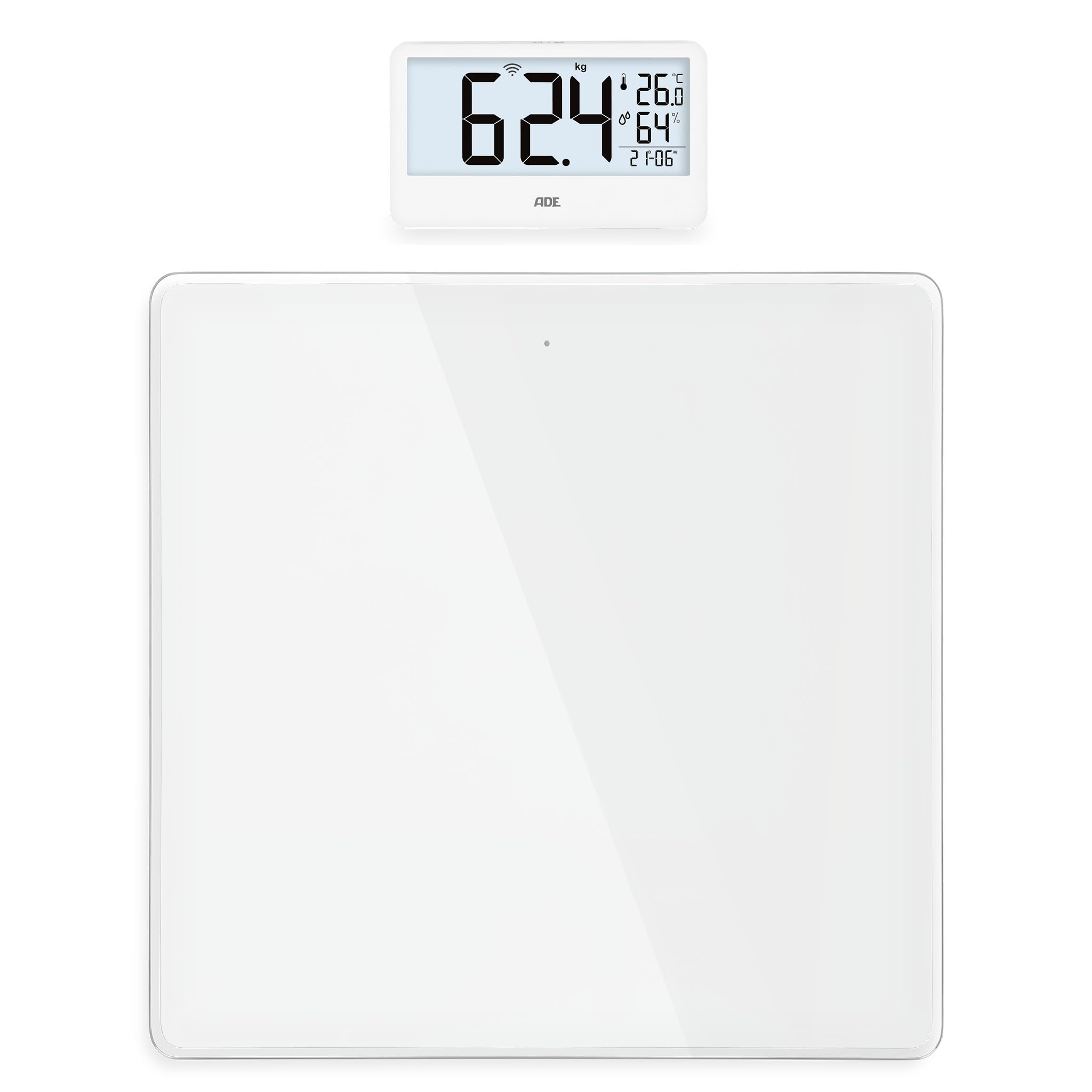 ADE Báscula digital con pantalla externa, báscula para personas de hasta 180 kg, peso legible a la altura de los ojos, báscula para personas mayores, con reloj de baño, higrómetro, termómetro interior