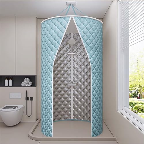 Portable Folding Shower Curtain, 100x200cm, Waterproof Polyester with Aluminum Peptide Silver Coating, Easy Installation, Space-Saving for Small Bathrooms & Travel (Sky Blue)