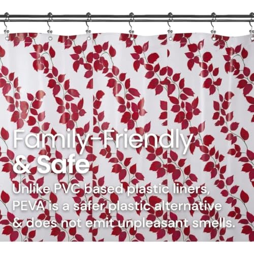 Image of Shower Curtain 7 Feet | Waterproof PVC Printed Bathroom Curtain with 8 Rings | Transparent Stone Print Bathtub Curtain | Extra Long Bathroom Liner, Waterproof & Easy to Clean (Red Leaf,Pack Of 1)