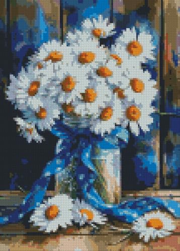 Image of MjhRcll Daisy Stamped Cross Stitch Kits, Flowers Cross Stitch Ornament Kits for Adults Beginners, Counted Embroidery Needlepoint Kits Home Decor 12x16 Inch