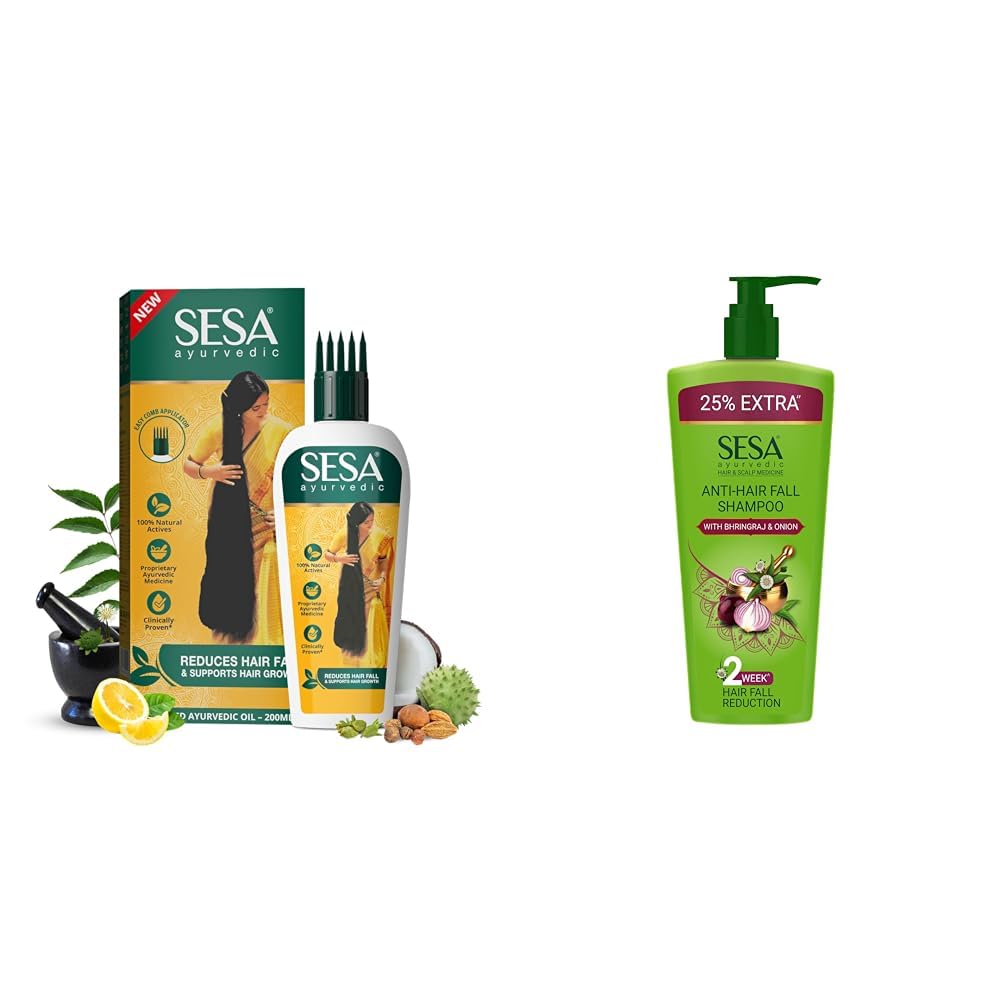SESA Ayurvedic Hair Oil 200 ml and Anti Hair Fall Shampoo 500 ml With Bhringraj & 18 Rare Herbs For Hair Growth Help Control Hair Fall & Strengthen Roots Paraben Free Shampoo For Women and Men