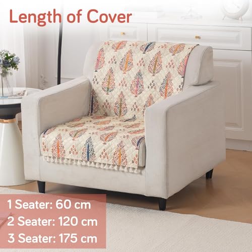 Image of HOKIPO Royal Kalamkari Quilted Sofa Cover for 1 Seater with Tassels for Seat & Back, 'Tassel Twigs' Series (IN-989-T2)