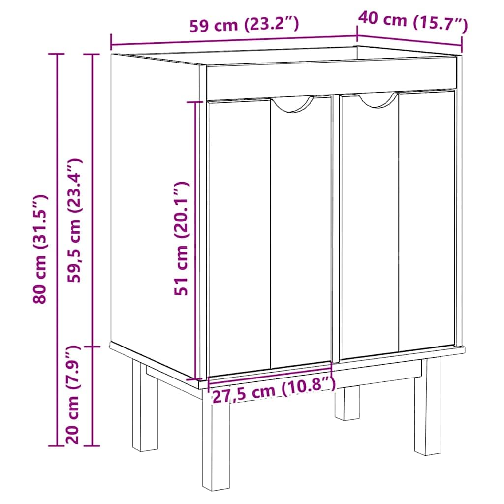 Mueble lavabo OTTA de madera maciza de pino 59 x 40 x 80 cm con acabado en cera de miel, mueble de baño con 2 puertas, espacio de almacenamiento para lavabo y baño