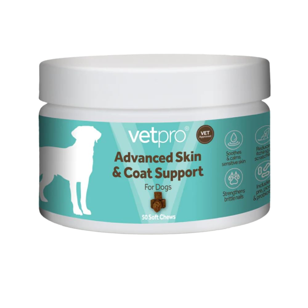Vetpro Advanced Skin & Coat Support Supplement Soft Chews for Dogs | 50 Soft Chews | Vet Approved | Soothes & Calms Sensitive Skin | Strengthens Brittle Nails