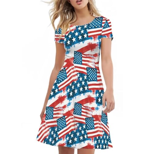 Image of HUGS IDEA Womens Puffy Swing Midi Dress Round Neck Short Sleeve Party A-Line Dresses