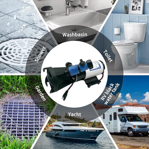 Image of 12V DC Macerator Pump - 12 GPM (45LPM), Marine Toilet Waste Electric Caravan with Garden Hose Discharge Port, Quick Release Sewage Pump with Fresh Water Rinse and Manual Crushing Function (HYMP1-4501)