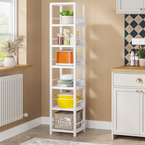 Image of Tribesigns 6-Tier Corner Shelf, 75 Inch Tall Narrow Bookshelf Storage Rack, Etagere Shelves Display Stand for Small Spaces, Rustic Open Bookcase Square Shelf Tower for Living Room Bathroom