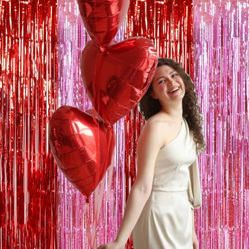 Image of TONIFUL Valentine's Day Door Streamers,Red and Pink Photo Booth Backdrop Metallic Streamers Foil Fringe Curtain for Birthday Valentine's Day Bridal Shower Engagement Party Decoration
