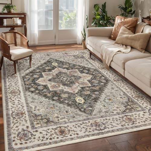 Tangsoo Washable Rug 4×6 Area Rug, Vintage Rug Indoor for Living Room, Non Slip Machine Washable Large Rugs, Soft Print Distressed Grey Farmhouse Carpet for Bedroom Dining Room Dorm Office