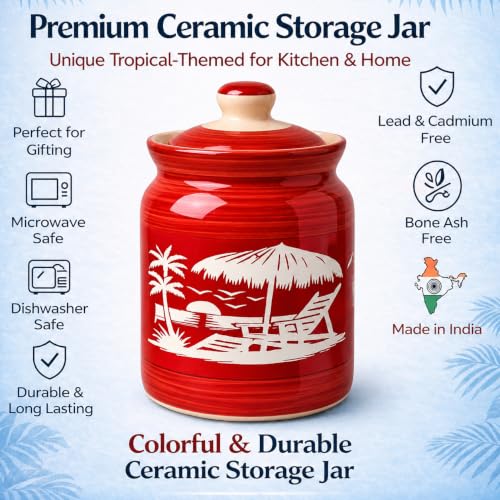 Image of D'Maiolica Pickle Jars in 1000ml (set of 2) | Handpainted Floral Pattern 1 kg Achaar Martban | Ceramic Container Set for Kitchen Storage (Pack of 2) (Heritage Red Oasis)